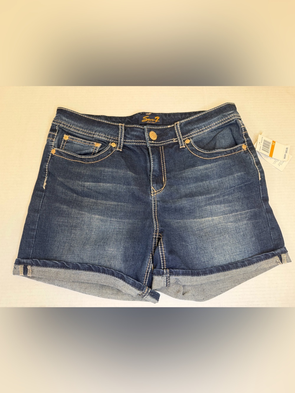 Seven7 Buckle Denim Shorts Women Size 12  Embroidered Pockets New with Tags